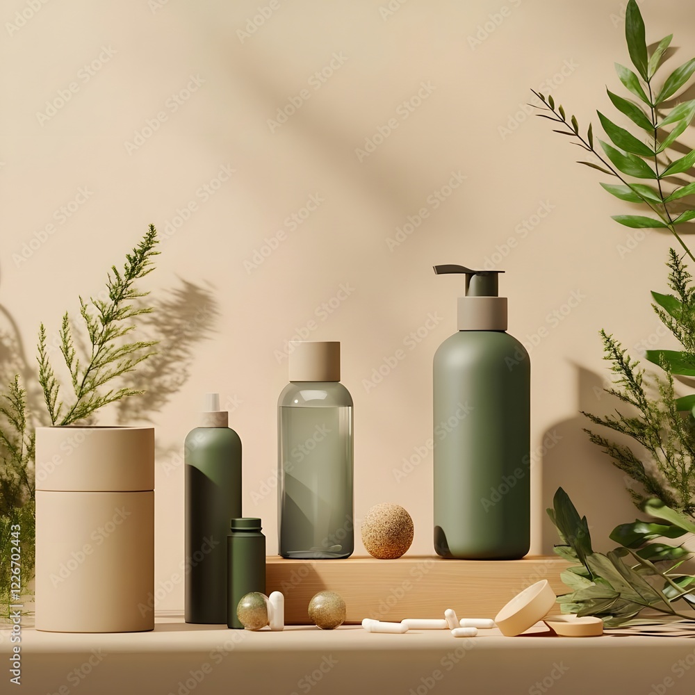 A serene arrangement of skincare products and natural elements on a minimalist backdrop. A serene arrangement of skincare products and natural elements on a minimalist backdrop.
