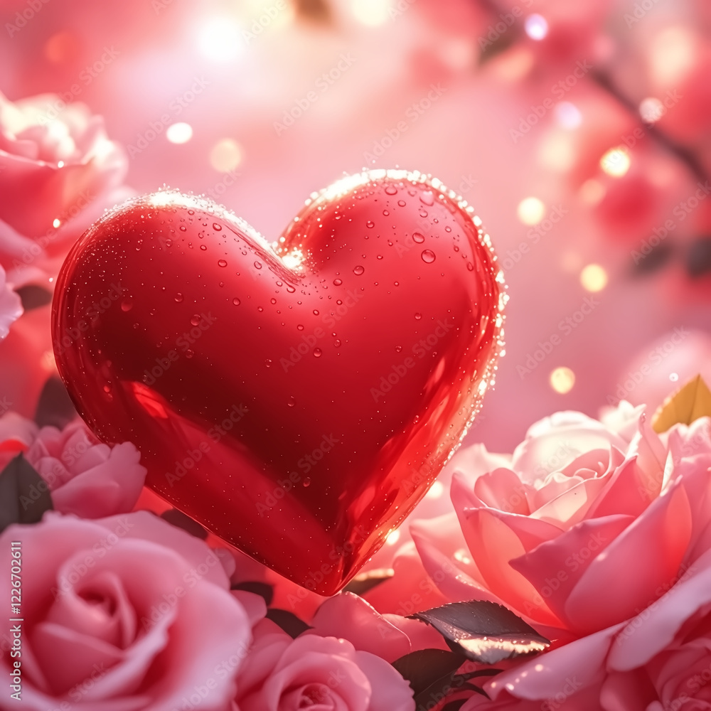 Obraz premium Red Heart Balloon and Pink Roses Valentines Day Decoration
