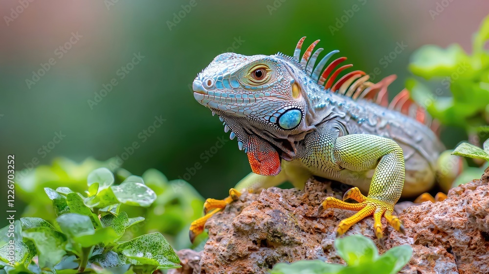 Colorful iguana on rock, lush greenery background, vibrant reptile portrait, nature photography Colorful iguana on rock, lush greenery background, vibrant reptile portrait, nature photography