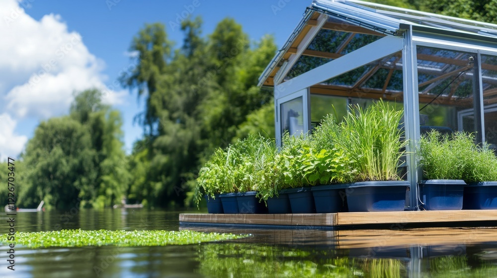 A serene greenhouse on a wooden platform surrounded by water and lush greenery, showcasing a peaceful natural environment. A serene greenhouse on a wooden platform surrounded by water and lush greenery, showcasing a peaceful natural environment.