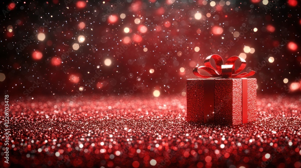 Red gift box, glittering background, festive season, holiday card Red gift box, glittering background, festive season, holiday card