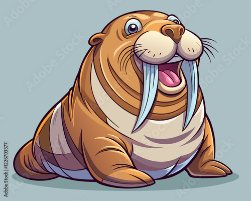 happy walrus with big tusks and a silly smile on a light gray background