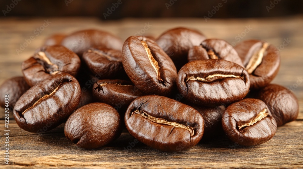 Close-up of roasted coffee beans scattered on rustic wooden surface, highlighting texture and color Close-up of roasted coffee beans scattered on rustic wooden surface, highlighting texture and color
