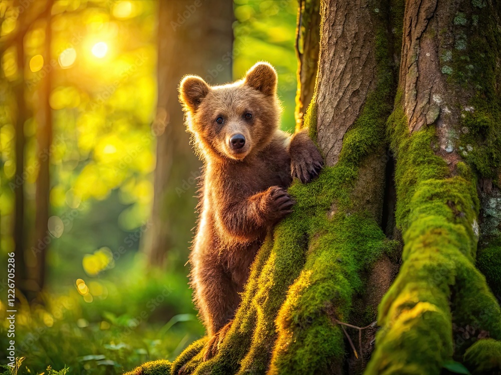 Obraz premium Brown Bear Cub Climbing Tree - Forest Architectural Photography