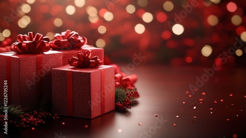 Red gifts, festive bokeh, dark surface, Christmas photo