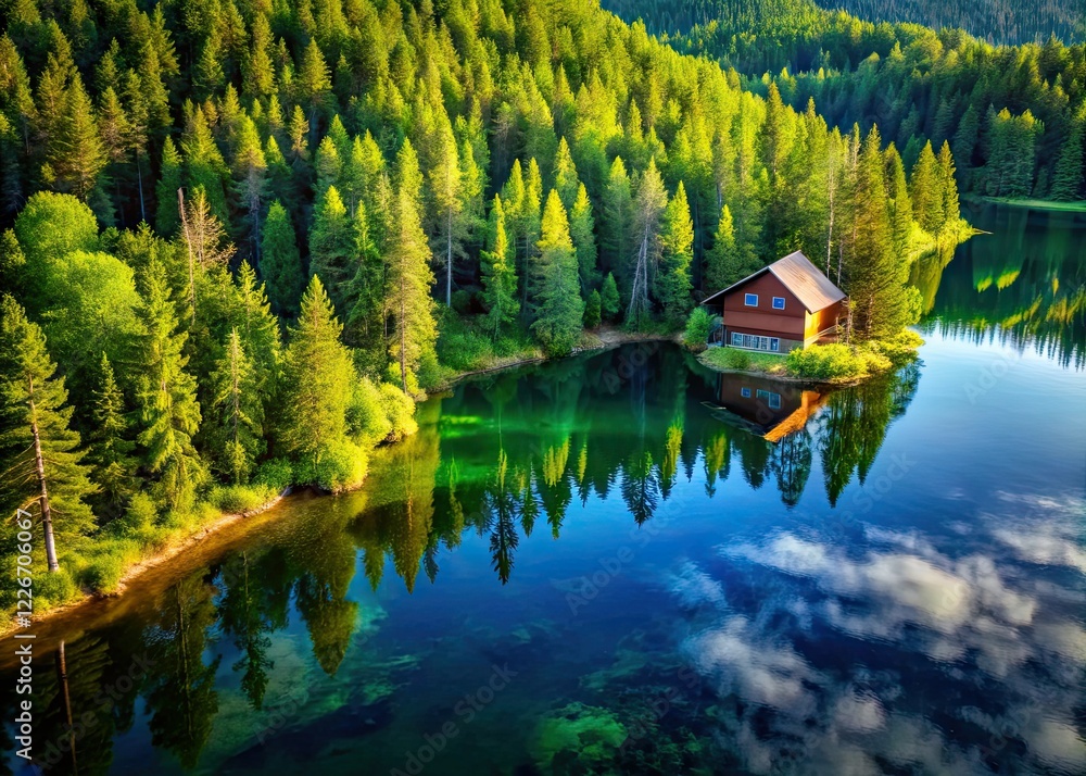 Obraz premium Cabin by Lake, Forest Solitude, Bird's Eye View AI Art