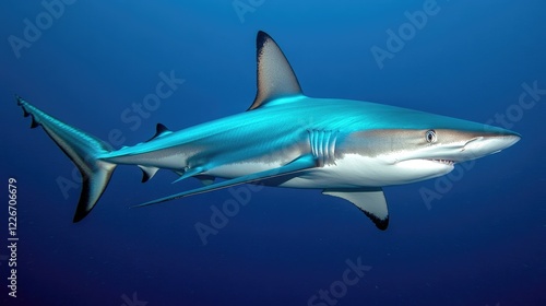 Wallpaper Mural A deep-sea view of a shark emerging from the murky depths, its body cutting through the dark water as it makes its way through the deep blue ocean Torontodigital.ca