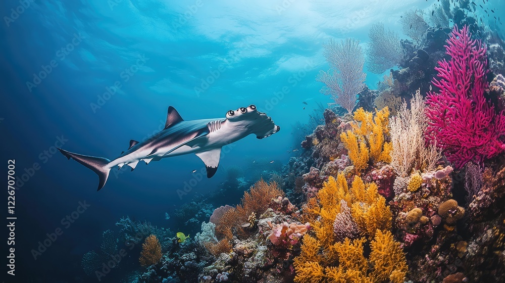 A hammerhead shark hunting near the reef, its unusual head shape making it easier to spot prey hidden in the coral A hammerhead shark hunting near the reef, its unusual head shape making it easier to spot prey hidden in the coral