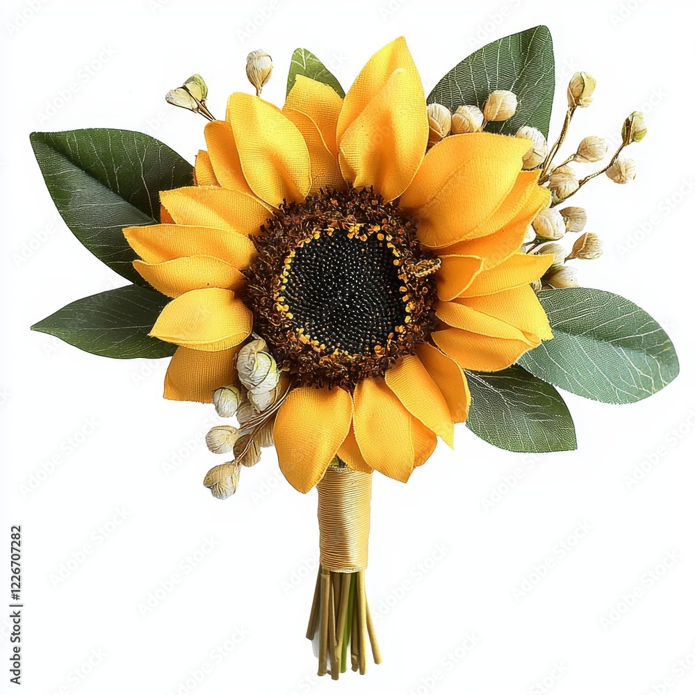 Fototapeta premium Bright and Cheerful Sunflower Bouquet with Green Leaves and Delicate Accents for Summer Decor or Wedding Arrangements