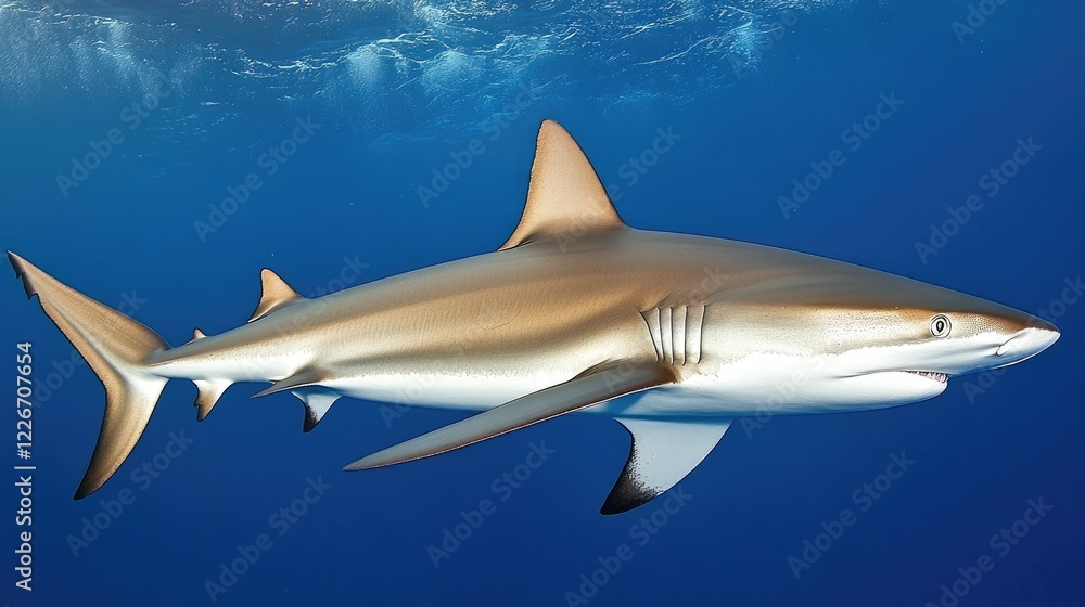 Obraz premium A pair of silky sharks moving fluidly through the ocean, their sleek bodies effortlessly blending into the surrounding waters