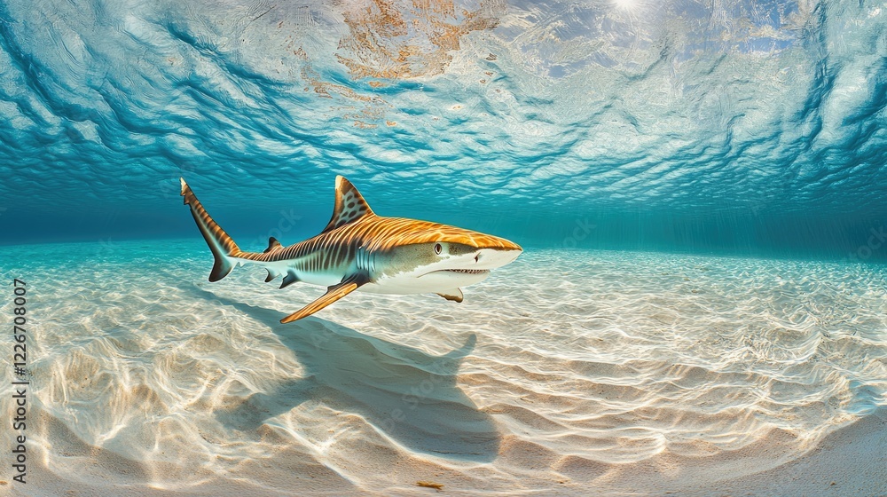 Obraz premium A solitary sand tiger shark gliding along the ocean floor, its ragged fins creating ripples in the water as it navigates through the underwater world