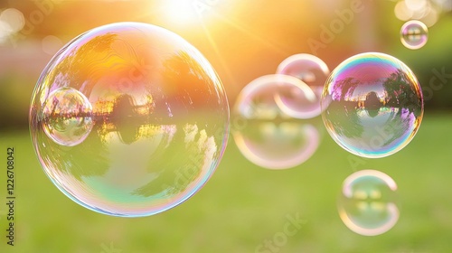 Sunset reflected in soap bubbles outdoors