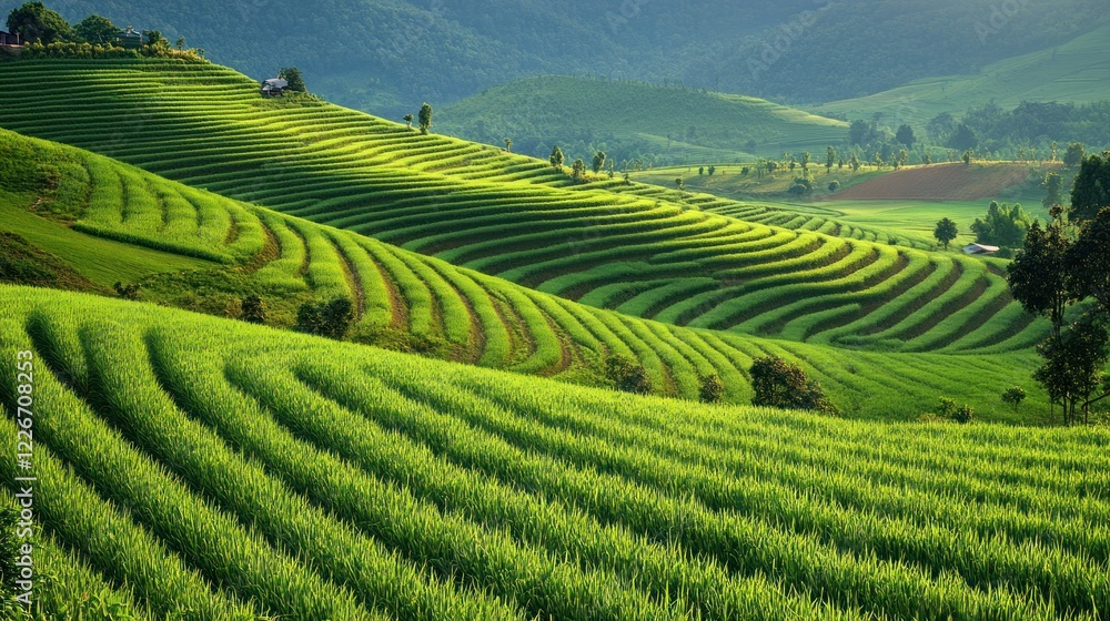 Lush Green Terraced Rice Fields Stretching Across Rolling Hills Under Morning Sunlight Lush Green Terraced Rice Fields Stretching Across Rolling Hills Under Morning Sunlight