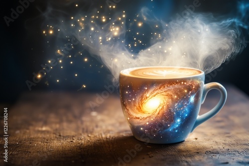 A steaming cup of coffee with a cosmic galaxy pattern glowing on its surface, set against a dark background photo