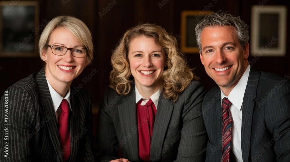Trust confidence and transparency, Three professionals in business attire smile confidently, showcasing teamwork and professionalism in a formal setting. Trust confidence and transparency, Three professionals in business attire smile confidently, showcasing teamwork and professionalism in a formal setting.