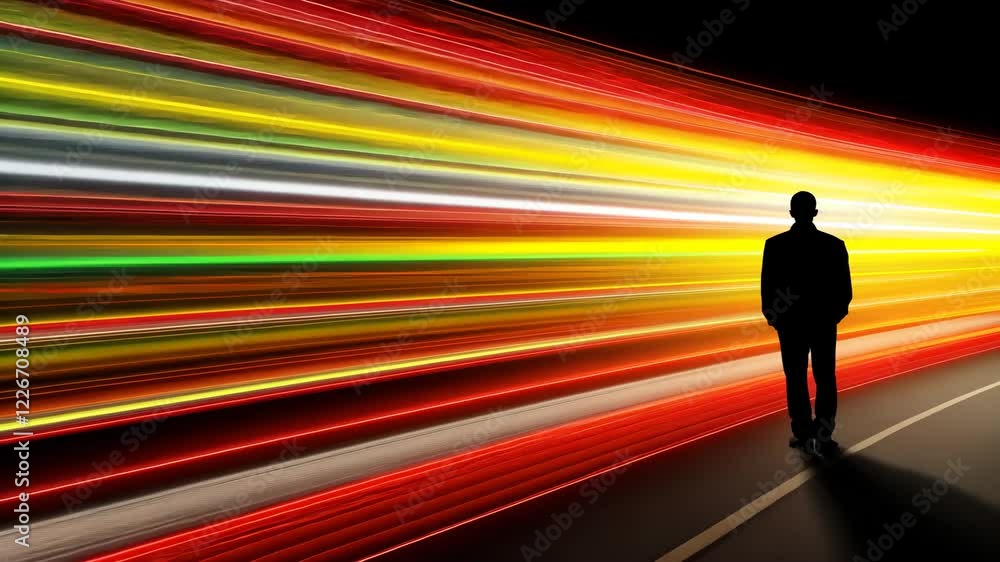 Silhouette of person in suit standing colorful light trail background Silhouette of person in suit standing colorful light trail background