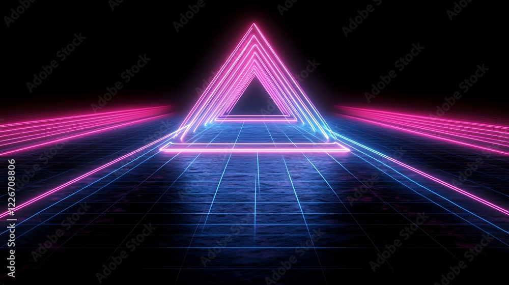 Naklejka premium Futuristic Neon Tunnel with Triangular Lights