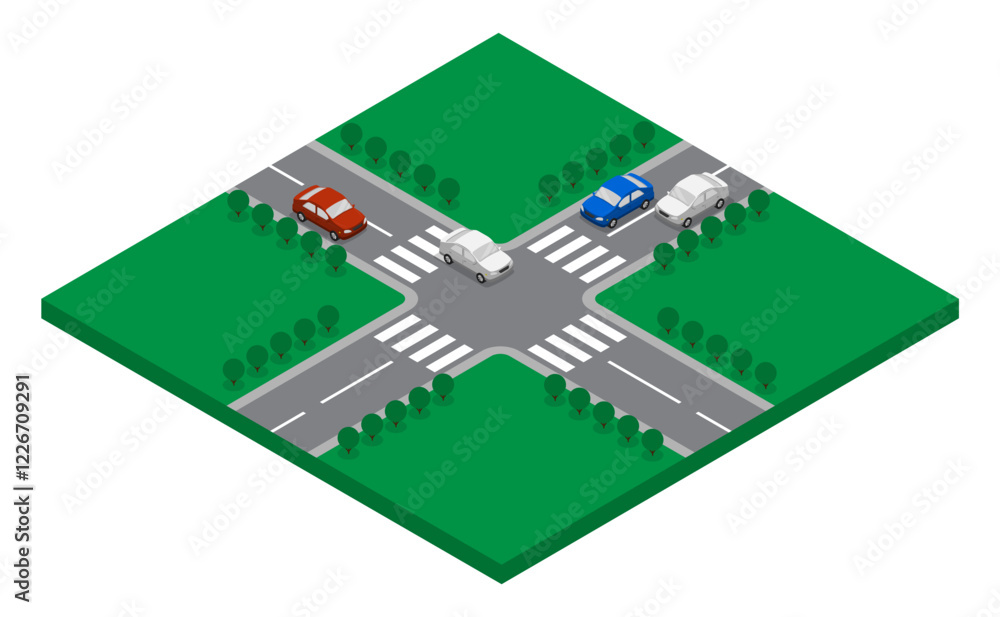 Isometric urban road intersection with equal priority for traffic. Crossroad of motorways and procedure for passage cars according to traffic rules. Aerial view 3D vector isolated on white background Isometric urban road intersection with equal priority for traffic. Crossroad of motorways and procedure for passage cars according to traffic rules. Aerial view 3D vector isolated on white background
