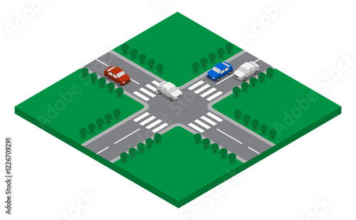 Isometric urban road intersection with equal priority for traffic. Crossroad of motorways and procedure for passage cars according to traffic rules. Aerial view 3D vector isolated on white background