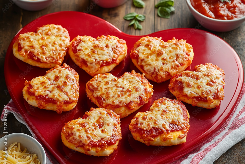 Mini heart shaped pizzas for a Valentine's day celebration. Ideas for a cookbook. Mini heart shaped pizzas for a Valentine's day celebration. Ideas for a cookbook.