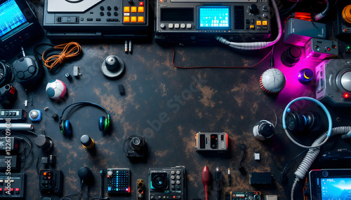 Dark Grunge Surface Top View of Music Production Equipment