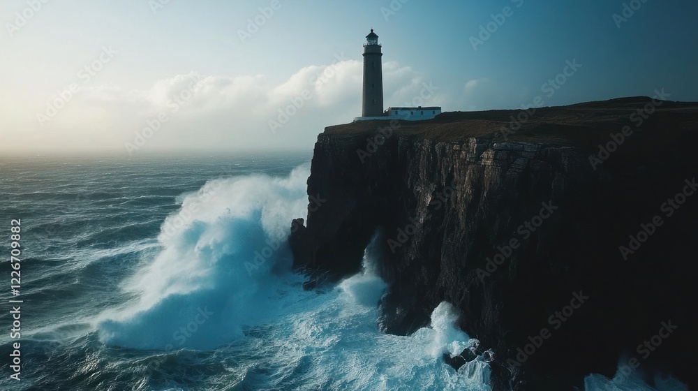 Dramatic Lighthouse Scene at Coastal Cliffs with Crashing Waves and Cloudy Sky Dramatic Lighthouse Scene at Coastal Cliffs with Crashing Waves and Cloudy Sky