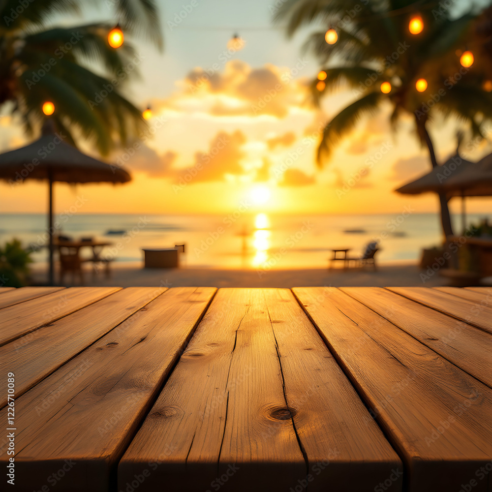Warm Golden Hour Sunset over Tropical Beach with Wooden Table