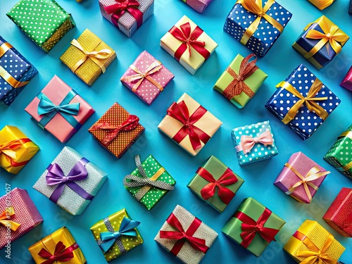 Colorful Gift Boxes Top View, Blue Background, Copy Space photo