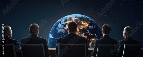 A group of people observes Earth from a distance, symbolizing global perspective and unity in a cosmic setting. photo