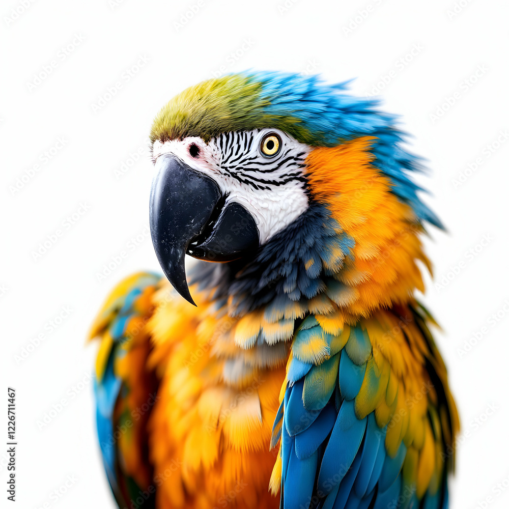 Fototapeta premium Vibrant Blue And Yellow Macaw Parrot Portrait On White Background