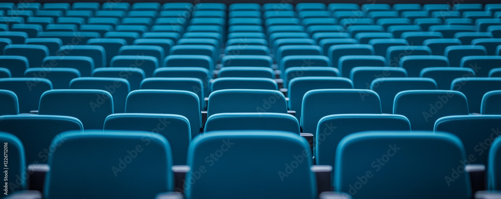 Obraz premium Empty blue seats in a theater create a symmetrical pattern.