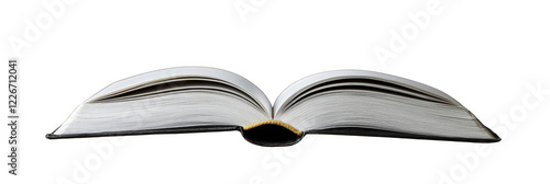 An open book with blank pages, isolated on black, invites reading and learning