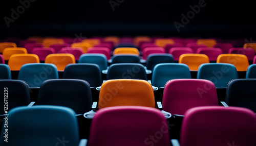 Colorful rows of empty theater seats in a dark environment. photo