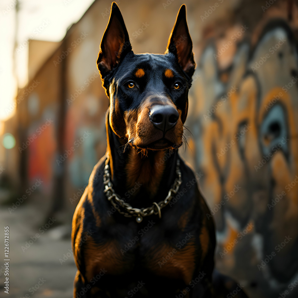 Powerful Doberman Pinscher Portrait Against Graffiti Wall at Sunset Powerful Doberman Pinscher Portrait Against Graffiti Wall at Sunset