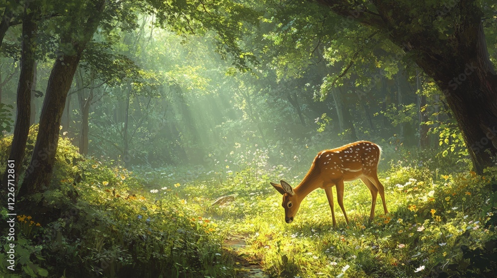 Serene Forest Scene with Spotted Fawn Grazing in Sunlit Glade Serene Forest Scene with Spotted Fawn Grazing in Sunlit Glade