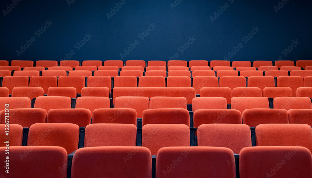 Fototapeta premium Empty theater seating with vibrant red chairs against a blue backdrop.