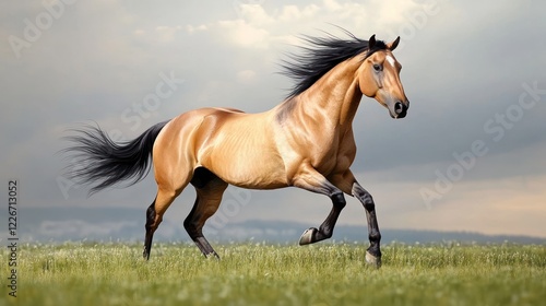 Majestic Buckskin Mustang Galloping Across a Verdant Meadow Under a Dramatic Sky
