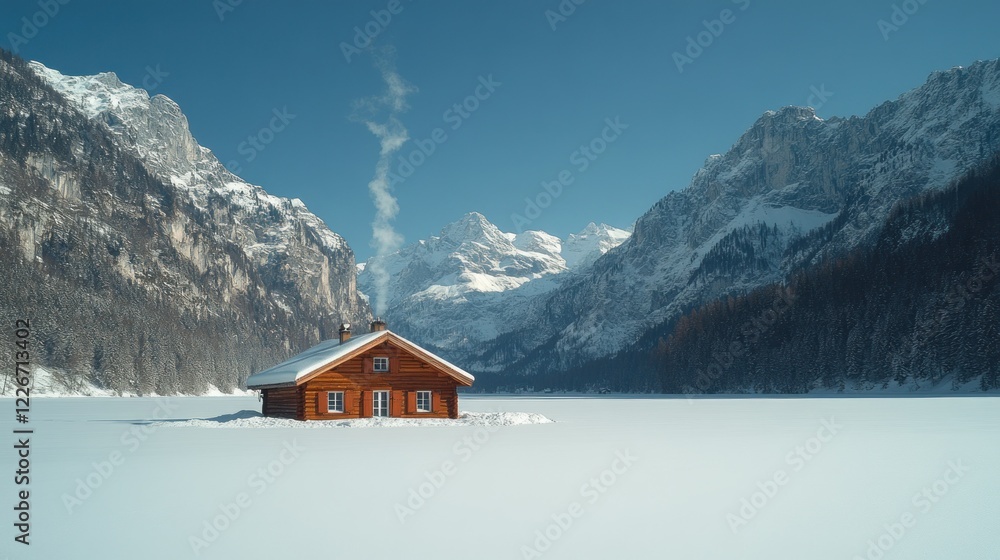 Fototapeta premium Cozy cabin, snowy lake, mountain backdrop, winter escape