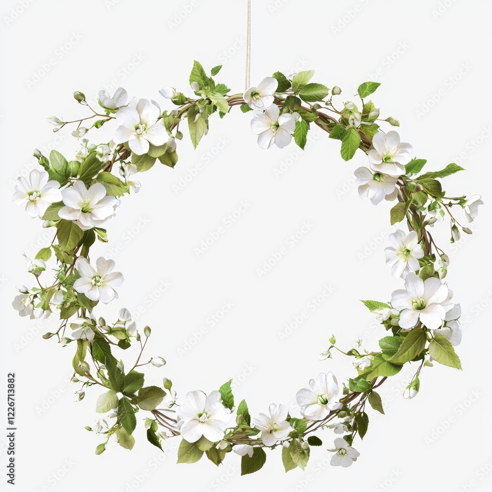 Beautiful Floral Wreath with White Flowers and Green Leaves for Home Decor or Spring Celebration Beautiful Floral Wreath with White Flowers and Green Leaves for Home Decor or Spring Celebration