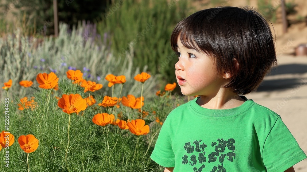 Toddler boy looking at orange flowers in garden. Toddler boy looking at orange flowers in garden.