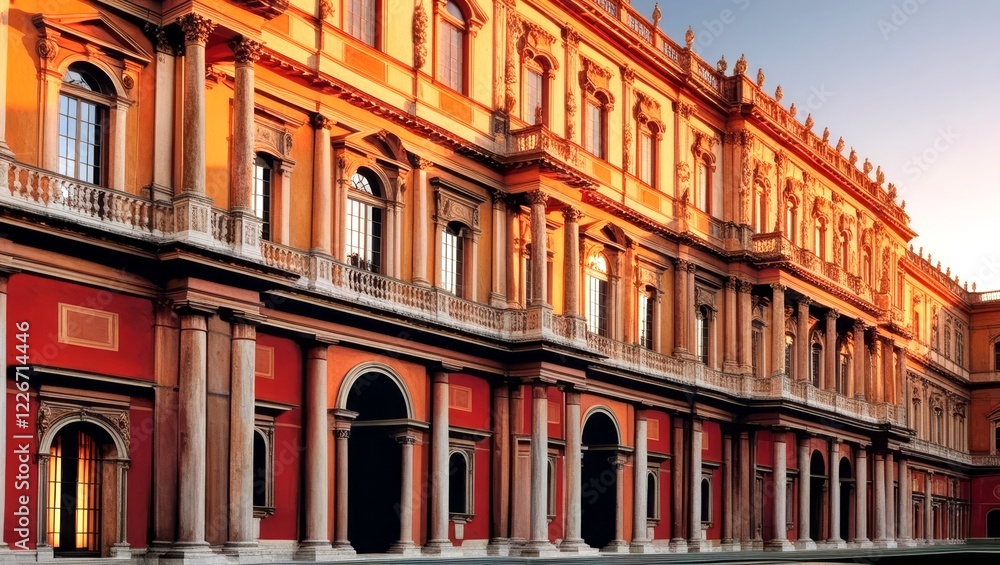 Renaissance Grandeur: A Majestic Building Facade Bathed in the Warm Light of a Setting Sun, showcasing intricate architectural details and ornate decorations. 3 Renaissance Grandeur: A Majestic Building Facade Bathed in the Warm Light of a Setting Sun, showcasing intricate architectural details and ornate decorations. 3