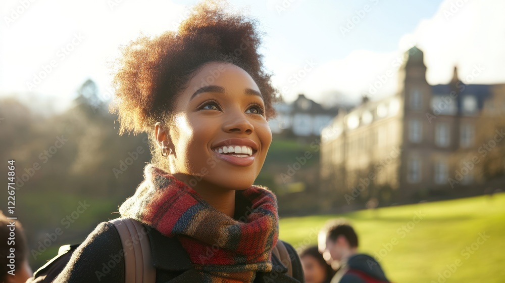 Happy young woman student on campus, smiling at sunny day. Happy young woman student on campus, smiling at sunny day.