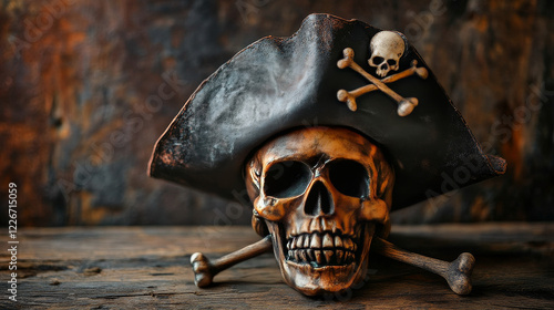 Cartoon pirate tricorn cocked hat with skull crossbones, corsair sailor vector headwear. Pirate captain tricorne hat with Jolly Roger skull for cartoon carnival costume or kids photo booth mask photo