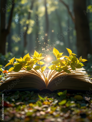 Magical growth: open book with glowing leaves and sparkles in sunlit forest photo