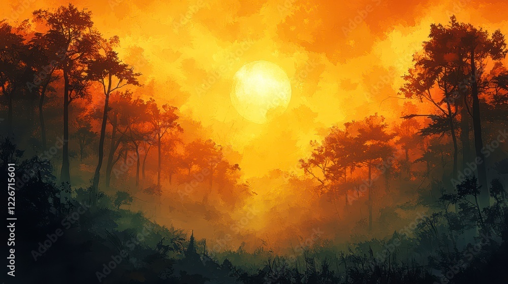 Obraz premium Breathtaking Sunset Over Misty Forest Landscape in Vibrant Colors
