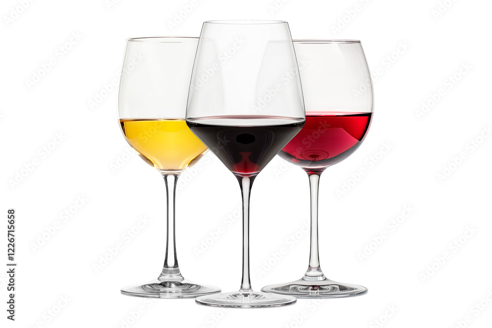 Set of red and white wine glasses isolated on white background. Rose wine splashing in glassware. Set of red and white wine glasses isolated on white background. Rose wine splashing in glassware.