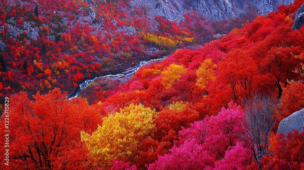 Vibrant autumn foliage blankets a mountain valley, with a stream winding through the colorful trees. Vibrant autumn foliage blankets a mountain valley, with a stream winding through the colorful trees.