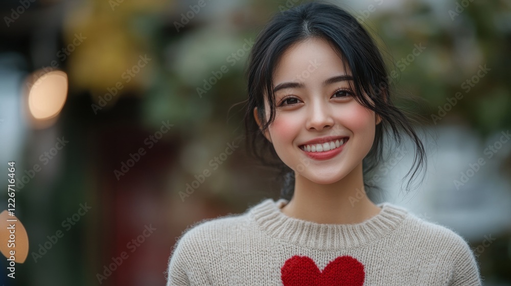 Smiling woman wearing sweater with red heart enjoys a sunny day outdoors Smiling woman wearing sweater with red heart enjoys a sunny day outdoors