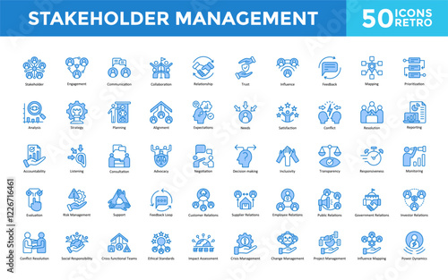 Stakeholder Management icon set with stakeholder, engagement, communication, collaboration, relationship, trust, influence, feedback, mapping, prioritization icon. Simple retro vector 
