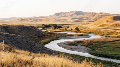 Scenic river winding through a dry, mountainous landscape at sunset. photo